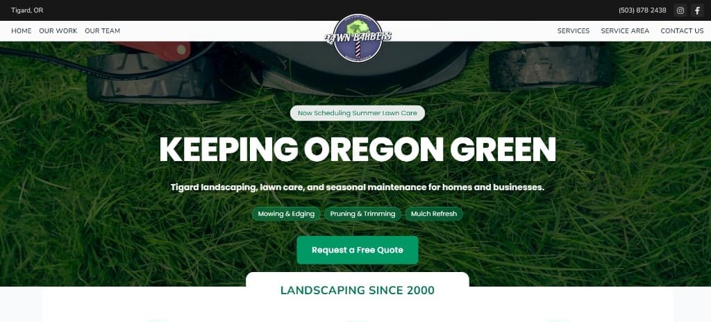 Oregon Lawn Barbers homepage hero — Keeping Oregon Green landscaping site