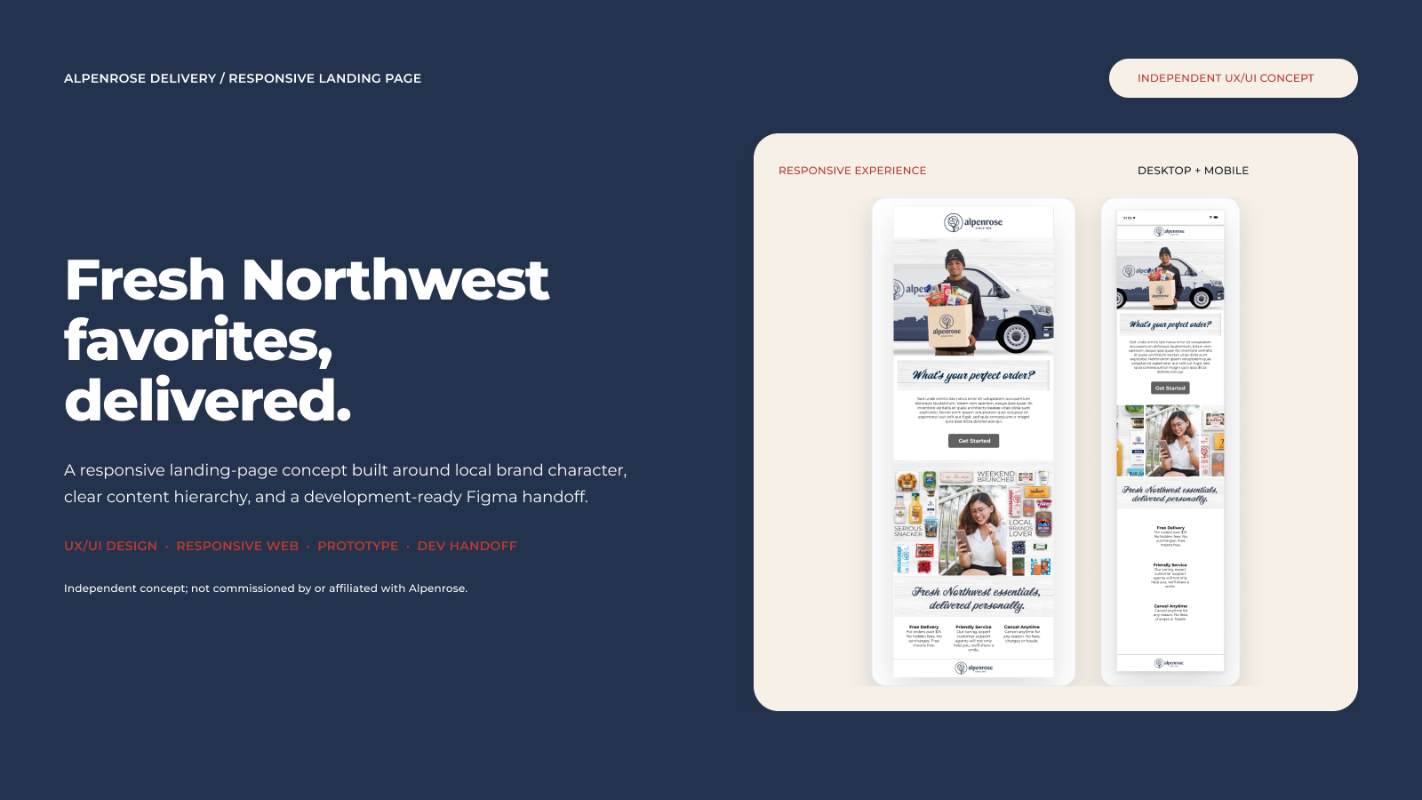 Alpenrose Delivery UX/UI case study cover — responsive mobile landing-page mockups on a navy portfolio card